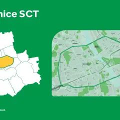 Mapa Warszawy z zaznaczonymi granicami strefy czystego transportu. Obok schemat obszaru SCT.