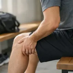 Mężczyzna trzyma się za udo, odczuwając ból. Zastanawia się, naderwanie mięśnia dwugłowego uda ile trwa leczenie.