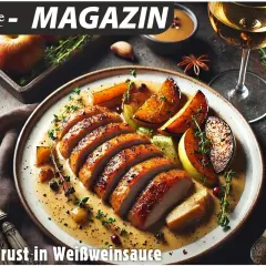 Gegrillte Entenbrust in Weißweinsauce mit Apfelspalten. Ein Glas Weißwein steht bereit – die perfekte Antwort auf die Frage: welcher Wein zu Gans?