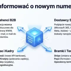 Grafika przedstawia nowy numer IBAN i jego zastosowanie w kontaktach z kontrahentami B2B, dostawcami SaaS, działami finansów i kadr, a także bramkami płatniczymi.