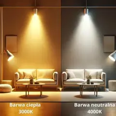 Porównanie oświetlenia: z lewej ciepła barwa 3000K, z prawej neutralna 4000K. Salon wygląda inaczej w zależności od barwy światła.
