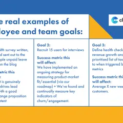 Examples of employee and team goals: Goal 1: Mental Health survey & unpaid leave policy. Goal 2: Recruit users for interviews. Goal 3: Define revenue growth metrics.