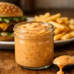 Słoiczek z kremowym, pomarańczowym sosem jak z mcdonalda, obok burger i frytki.