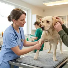 Tierarzt untersucht einen gelben Labrador. Ein Mann hält den Hund, während die Tierärztin sein Bein abtastet.