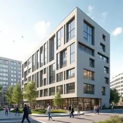 Nowoczesne budynki mieszkalne z dużymi oknami, zielenią i ludźmi spacerującymi po placu. Czy to nowe TBS?