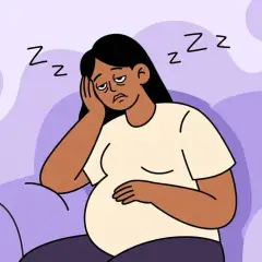 Ilustración de una mujer embarazada con cansancio extremo en el primer trimestre, apoyando la cabeza en la mano y con ojeras.