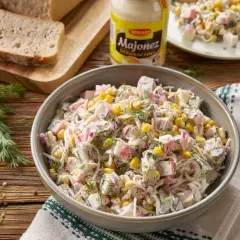 Pyszna sałatka z surimi i ananasem, z kukurydzą i koprem, podana w misce. Obok chleb, majonez i szklanka wody.