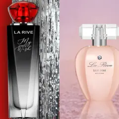 Dwa flakony perfum La Rive: "My only Wish" z czerwonym korkiem i "Silky Pink" w różowym odcieniu.