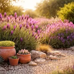 Ein sonniger Garten mit üppigem, **schopflavendel winterhart** in voller Blüte. Terrakotta-Töpfe mit grünen Pflanzen stehen im Vordergrund.