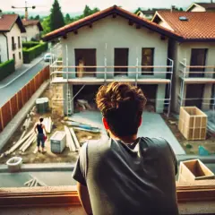 Un homme regarde une maison en construction, son regard pensif suggère qu'il pourrait contester un permis de construire pour perte de vue.