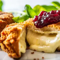 Chrupiący camembert w panierce, z rozpływającym się serem w środku, polany konfiturą z owoców leśnych. Idealny na przekąskę.