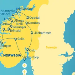 Mapa Norwegii z zaznaczonymi trasami: Droga Atlantycka, Droga Orłów, Geiranger, Bergen, Oslo. Idealne miejsca, gdzie warto pojechać!