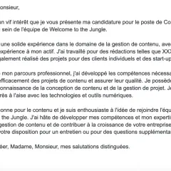Lettre de motivation pour un poste de Content Manager. Le texte détaille l'expérience et les compétences du candidat en gestion de contenu, comme si ChatGPT avait aidé à la rédiger.