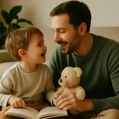 Padre e figlio leggono un libro, un modo per stimolare il linguaggio nei bambini. Il piccolo sorride, tenendo un orsacchiotto.