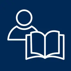 Eine Person mit einem offenen Buch. Das Symbol steht für die Definition von "lesen" und das Erlernen von Wissen.