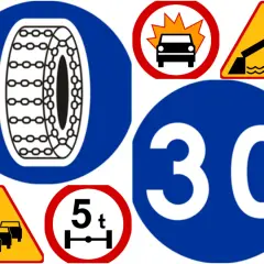 Kolekcja znaków drogowych z opisem do druku: nakaz używania łańcuchów, wypadek, most zwodzony, ograniczenie prędkości 30, korek, zakaz wjazdu pojazdów o masie powyżej 5 ton.
