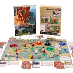 Plansza gry "Pandemic: Upadek Rzymu" z pionkami, kartami i kostkami. Gracze walczą z zarazą, by ocalić imperium.