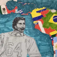 A sketch of a man with a mustache and jersey number 54 stands before a map of Latin America, its countries depicted with their flags, celebrating the region's diverse latin american artists.