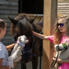 Dwie dziewczynki bawią się pluszowymi końmi. Jedna z nich głaszcze prawdziwego konia, a druga trzyma swojego hobby horse.