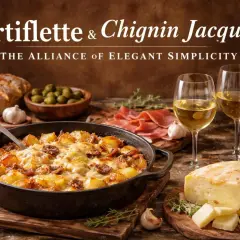 Tartiflette savoureuse, parfaite pour une recette gourmande. Accompagnée de charcuterie, fromage et vin blanc.