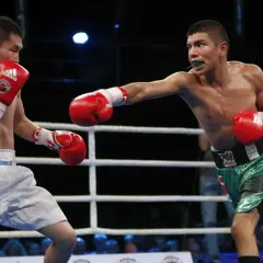 Two boxers exchange straight punches in a ring. One fighter, wearing white shorts, defends with his gloves. The other, in green shorts, throws a jab.