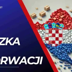 Mapa Chorwacji ułożona z paczek, z ciężarówką i mniejszymi przesyłkami. Twoja paczka do Chorwacji dotrze szybko i bezpiecznie.