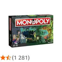 Pudełko gry Monopoly z Rickiem i Morty'm, gdzie Rick i Morty uciekają przed potworem.