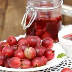 Frische Stachelbeeren auf einem Teller, daneben ein Glas mit Stachelbeermarmelade und eine Schale mit Marmelade. Perfekt, um sie mit Joghurt zu mischen.
