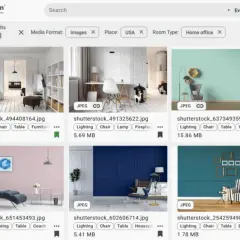 A self-hosted digital asset management interface displays various home office images, filtered by "Images," "USA," and "Home office.