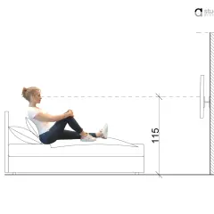 Schemat pokazuje, na jakiej wysokości powiesić TV, by wygodnie oglądać go z łóżka. Wymiar 115 cm sugeruje optymalną pozycję.