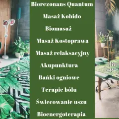 Gabinet z zielonymi akcentami, stołem do masażu i listą zabiegów.