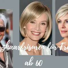 Drei Frauen mit modernen Kurzhaarfrisuren ab 60: eine mit grauem Pixie-Schnitt, eine mit blondem Bob und eine mit kurzem, gestuftem blondem Haar.