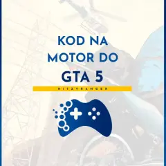Kod na motor do GTA 5. Postać w kasku jedzie na motocyklu, trzymając broń. W tle helikopter i samolot.