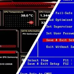 BIOS pokazuje temperaturę CPU 38°C i opcje "Save & Exit Setup" dla bezpiecznego rozruchu.