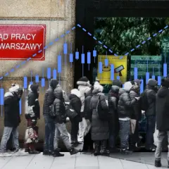 Kolejka przed Urzędem Pracy w Warszawie. Wykresy sugerują wzrost bezrobocia, co może być jedną z przyczyn bezrobocia w Polsce.