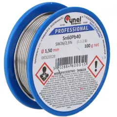 Cyna cynel Sn60Pb40 SW26/2,5% 1,50 mm 100g – idealna do lutowania elektroniki.