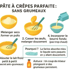 Préparation d'une pâte à crêpe classique sans grumeaux : mélange des ingrédients secs, ajout des œufs, puis du lait froid et du beurre fondu.