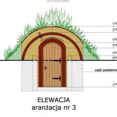 Projekt zrób to sam ziemianka: łukowata konstrukcja z drewnianymi drzwiami, obłożona cegłą i ziemią, porośnięta trawą.