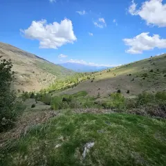Vue panoramique de la vallée d'Oueil sous un ciel bleu éclatant, avec des montagnes lointaines et des pentes verdoyantes parsemées d'arbres.