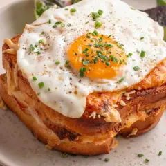Un délicieux croque madame recette, avec un œuf au plat coulant, du fromage fondant et une salade verte. Un plat gourmand à souhait.