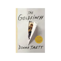 Okładka książki "Szczygieł" Donny Tartt, z wyłaniającym się spod podartego papieru ptakiem i żółtym okręgiem z napisem "WINNER OF THE PULITZER PRIZE".