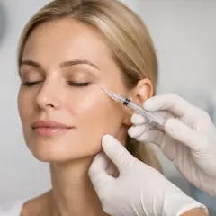 En kvinna får en injektion nära ögat. En diskussion om botox hur ofta kan vara relevant för att upprätthålla resultatet.
