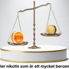 En guldvåg balanserar två dosor prillor: en med ZYN Lemon Spritz och en med General.