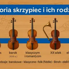 Ewolucja skrzypiec: od renesansu do elektrycznych. Różne rodzaje skrzypiec, w tym barokowe, klasyczne i folkowe, przedstawione na tle historii instrumentu.