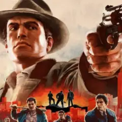 Mafia 2 czas gry: mężczyzna w kapeluszu celuje z rewolweru, w tle miasto i inni gangsterzy.