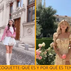 Chica con estilo coquette en traje rosa y blanco, y otra con vestido floral, rodeada de rosas.