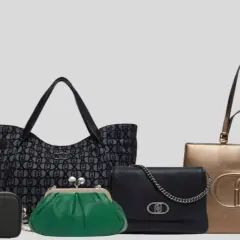 Cinque borse Liu Jo, tra cui una shopper con logo all-over, una verde a soffietto, una nera con catena, una piccola tracolla verde e una tote color oro, per una vittoria di stile.