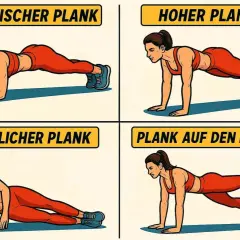 Vier Varianten der Plank-Position: klassisch, hoch, seitlich und auf den Händen.