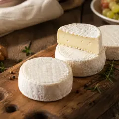 Formaggi rotondi con crosta bianca, uno tagliato rivela un interno cremoso. Perfetti per chi cerca un tuma lattosio gustoso.