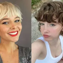 Dos mujeres con un corte pixie corto y flequillo. Una rubia con labios rojos y otra morena con rizos.